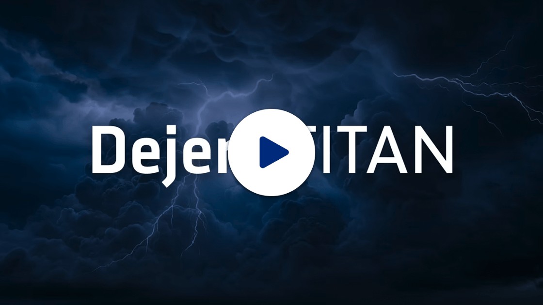 Dejero TITAN wordmark over a storm and a play button